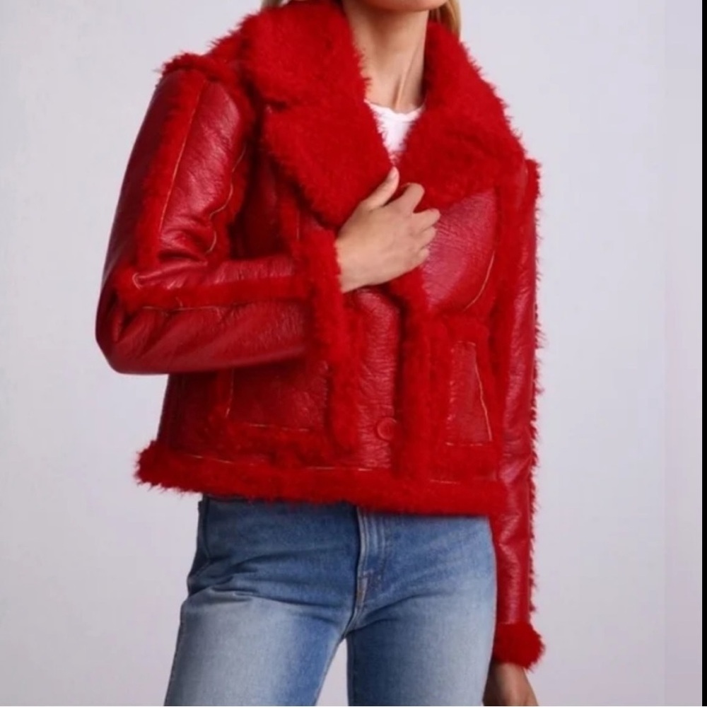 7 For All Mankind Stella Cropped Puffer Red Bold Vegan LeatherShearling Jacket S